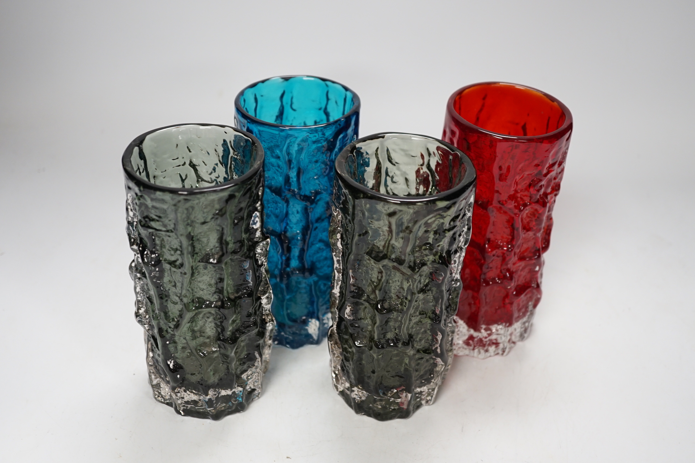 A pair and two other Whitefriars ‘Bark’ vases in kingfisher blue, ruby red and pewter, 15.5cm